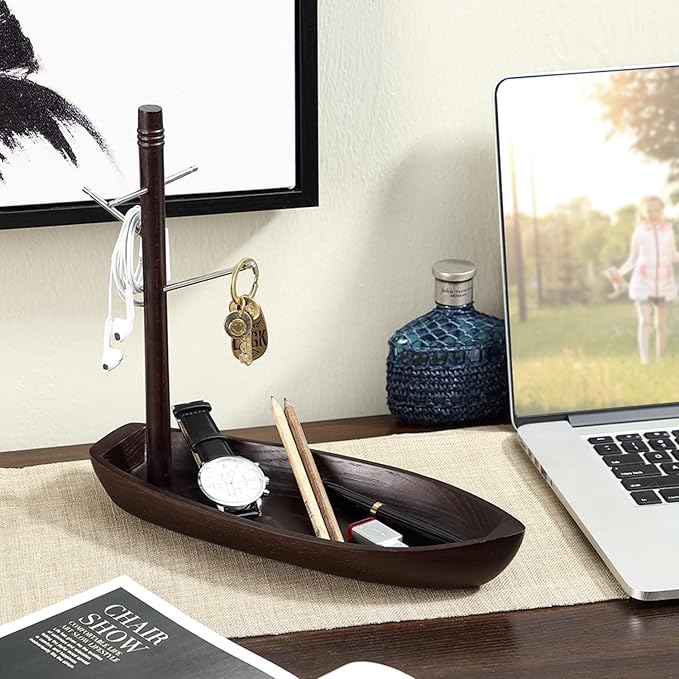 Entryway Key Holder Stand, 4 Metal Key Hooks and Storage Tray, Ash Solid Wood Decorative Boat Shape Tabletop Key Rack, Small Accessory Organizer and Hanging Stand.