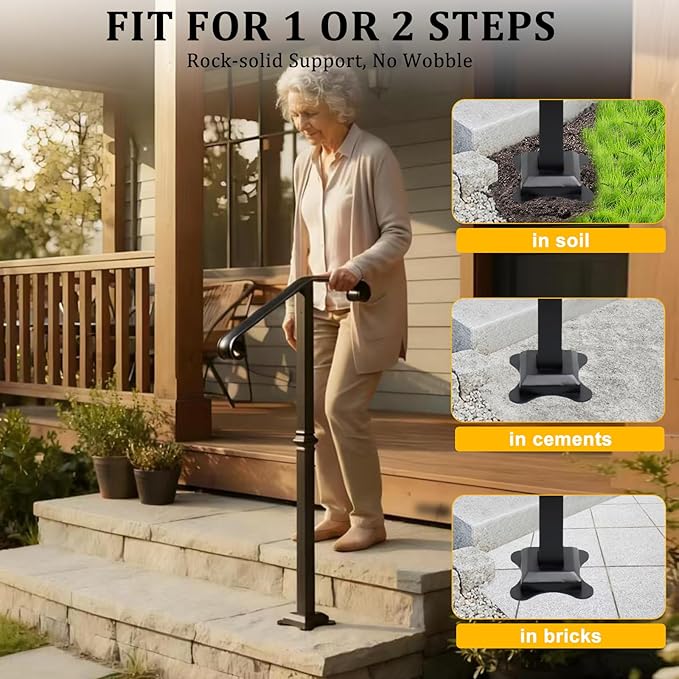 Handrail Railing, Single Post Handrail, Stair Railing for Concrete,Sturdy Handrails with Base, Mountable Iron Stair Handrail for 1 or 2 Steps, Grab Rail for Steps Porch, Railings for Outdoor Step