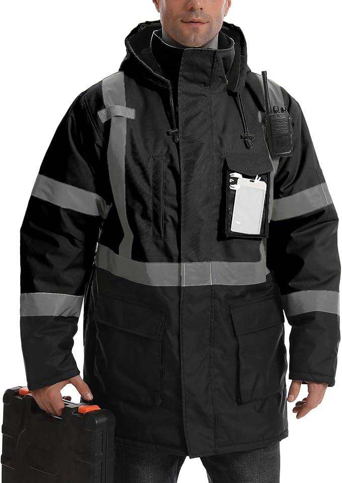 Reflective Jacket, High Visibility Parka, Waterproof Hi Vis, Safety Jacket with Removable Hood and Zipper, ANSI Class 3 (Black,4XL)