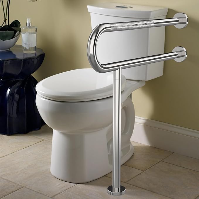 Toilet Grab Bar 31.3 Inch with Leg, YuanDe Chrome Anti-Slip Toilet Handrail, Wall & Floor Mounted Stainless Steel Grab Bar, Knurled Handicap Support Rail for Elderly, Disabled, Pregnant