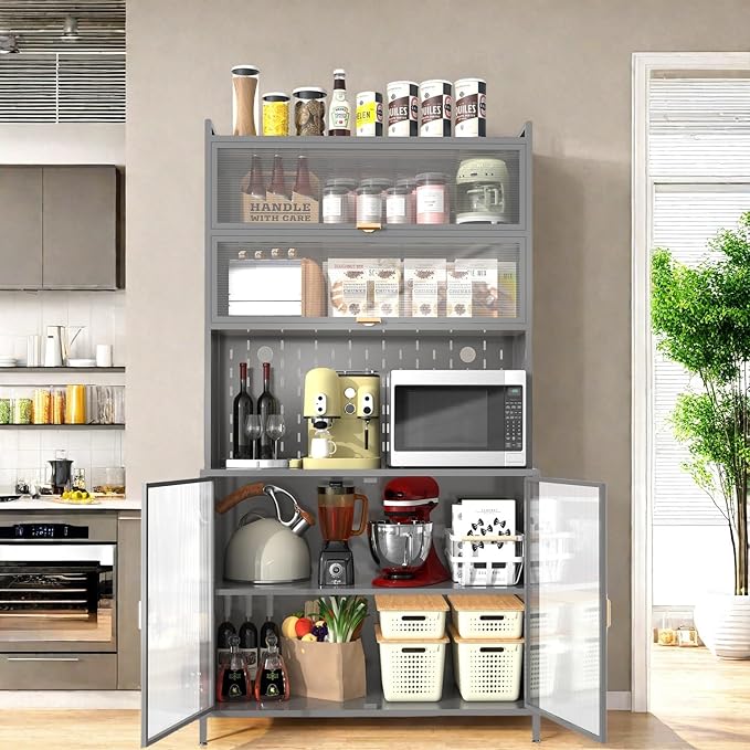 73'' Tall Kitchen Pantry Cabine, 6 Level Flip Door with Pegboard Spacious, Adjustable & Stylish Metal Pantry Storage Cabinet, Anti-Tip Design Hutch for Kitchen Dining Room Living Room, Gray