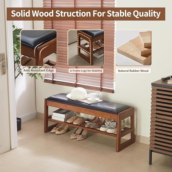 Shoe Rack Bench with Storage - Entryway Bench 40inch 2-Tier Shoe Bench with PU Cushion, Solid Wood Legs Flip Top Entryway Organizer Space Saving