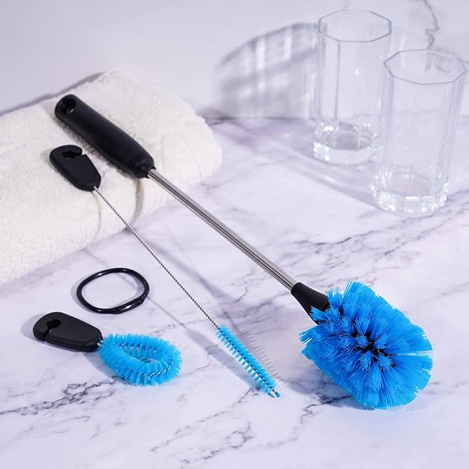 3-in-1 Stainless Steel Bottle Brush and Straw Cleaning Set, Long Handle Scrub Brush with Replaceable Head for Water Bottles, Glasswares, Mugs, Flasks, Tumblers, Vases, Round Head