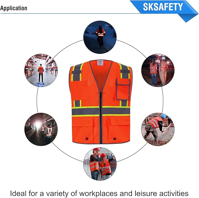SKSAFETY 10 Pockets Safety Vest, Class 2 High Visibility Security with Zipper Double-sided mesh, Hi Vis Vest with Reflective Strips, ANSI/ISEA Standard, Construction Work Vest （Orange, 3XL）