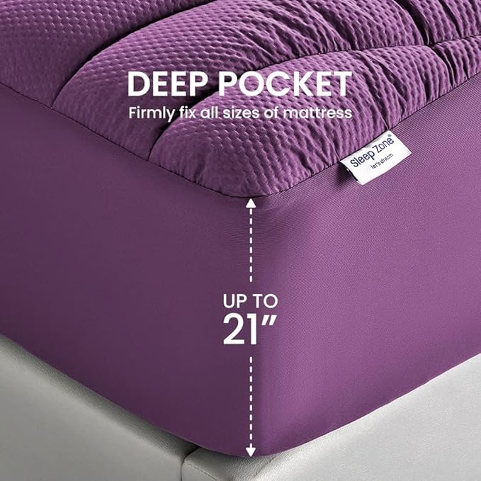 SLEEP ZONE Cooling Mattress Topper Twin XL for College Dorm, Premium Zoned Quilted Mattress Pad, Fitted Mattress Protector Cover Washable, Deep Pocket 8-21 inch, Purple, Twin XL