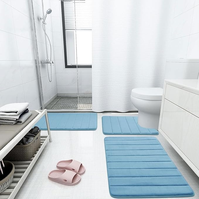 Buganda Memory Foam Bath Mat, 59" x 17", Ultra Soft and Non-Slip Bathroom Rugs, Water Absorbent and Machine Washable Bath Rug Runner for Bathroom, Shower, and Tub, Blue