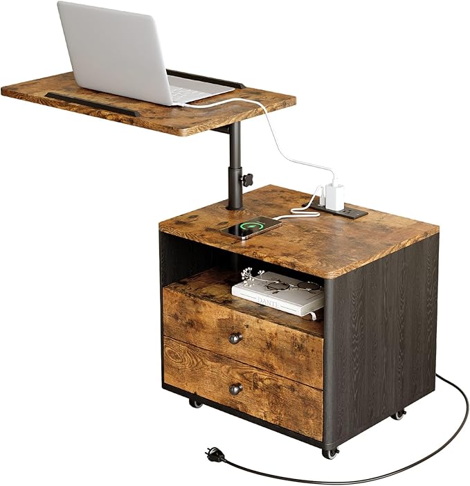 Bedroom Nightstand with Drawers & Charging Station, Adjustable Height Bedside Table with Wheels, Wooden Small Sofa Side Tables with Storage for Living Room, Rustic Brown