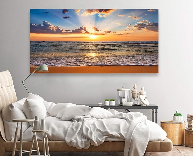 Muolunna BK1875 Wall Art Decor Large Canvas Print Picture Sunrise Ocean Beach 1 Panel Waves Scenery Painting Artwork for Office Wall Decor Home Decoration Stretched and Framed Ready to Hang XLarge