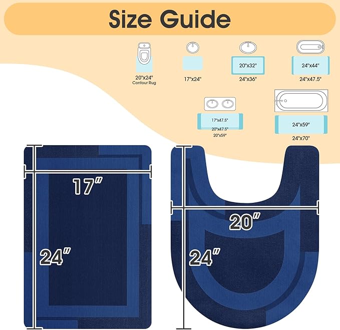 Ultra Thin Bath Mat, Upgrade Non Slip Thin Bath Mats Fit Under Door, Quick Dry Ultra Absorbent Bathroom Rugs, Machine Washable Bath Rugs for Bathroom, Dark Blue/Bordered/24"x17"+ 24"x20" Contour Rug