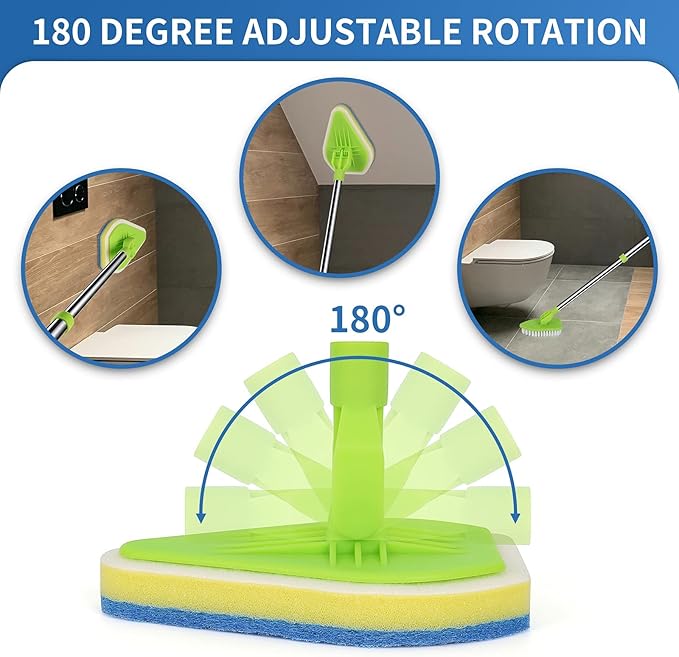 2 in 1 Scrub Cleaning Brush with 37” Long Extendable Handle,1 Stiff Bristle and 3 Sponge Brushes, Lightweigh Detachable Shower Scrubber for Cleaning Bathroom Shower Bathtub Glass Tile Floor