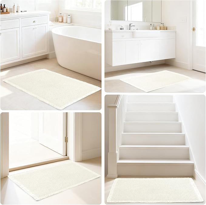 Hiasan Waffle Bath Mat, Super Absorbent Non Slip Bathroom Boho Rug with Tassels, Machine Washable Bath Mats for Bathroom, Ultra Soft Rubber Backed Rug, White, 20 x 32 Inches