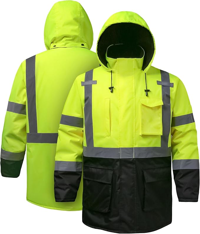 Reflective Jacket, High Visibility Parka, Waterproof Hi Vis, Safety Jacket with Removable Hood and Zipper, ANSI Class 3 (Lime,Large)