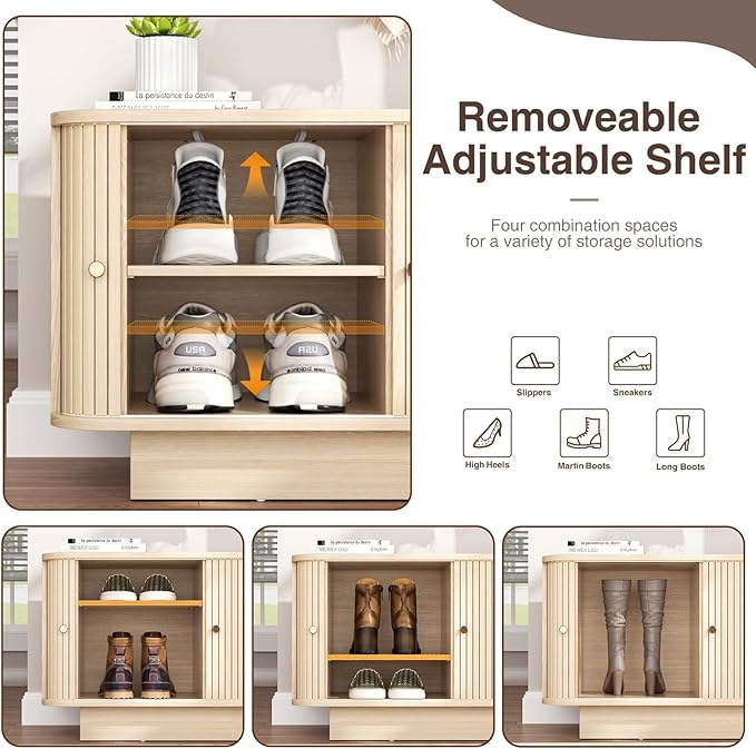 Fluted Shoe Storage Bench, 31" W Small Entryway Bench with Sliding Door, Mud Room Benches with Seat, Upholstered Wooden Rack Organization for Living Room, Apartment, Dorm, Oak, Natural