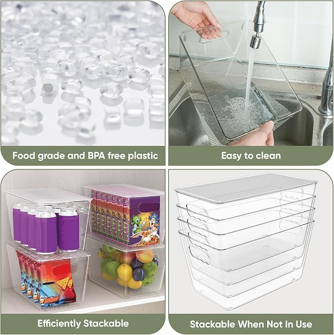 BALEINE Clear Stackable Storage Bins with Lids, Plastic Containers with Handle for Pantry Organizers and Storage, Plastic Bins for Fridge, Kitchen, Bathroom, Cabinet (10x6x5, 8PK)