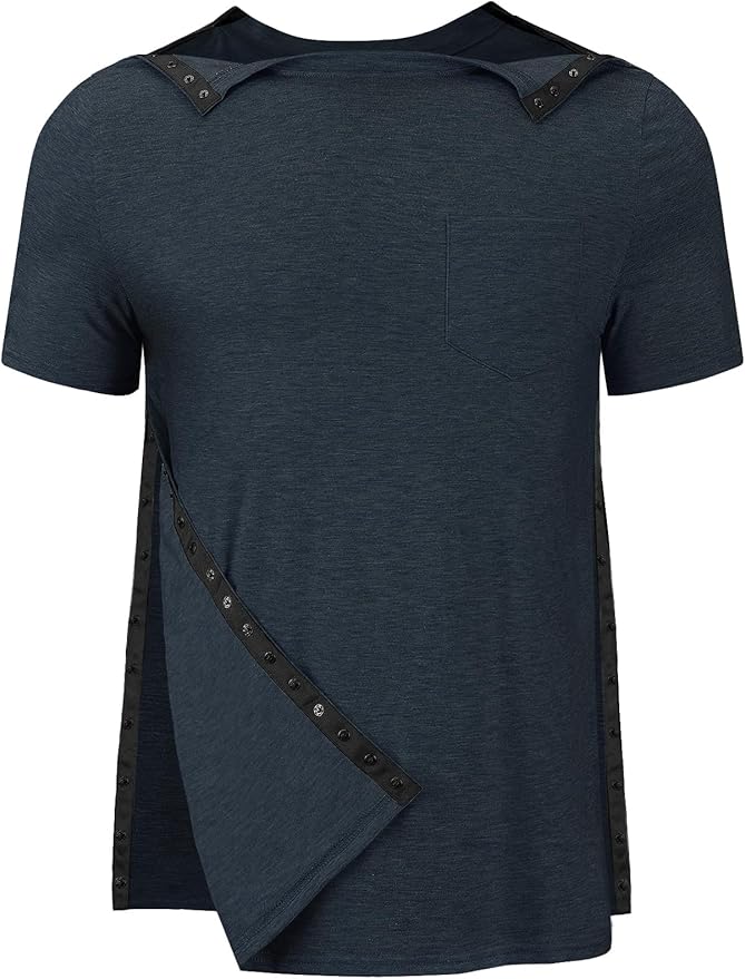 Men's Post Shoulder Surgery Recovery Shirts Tear Away Short Sleeve Full Open Side Snap Dialysis Chemo Clothing