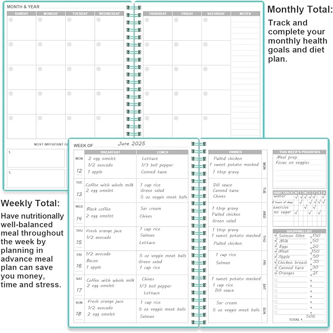 Weekly Meal Planner - A5 Weekly & Daily Meal Prep Journal with Shopping and Grocery Lists for Menu Planning, 93 Sheets/186 Pages Healthy Diet & Weight Loss Tracking, Undated, 52 Weeks, Lasts 1 Year,
