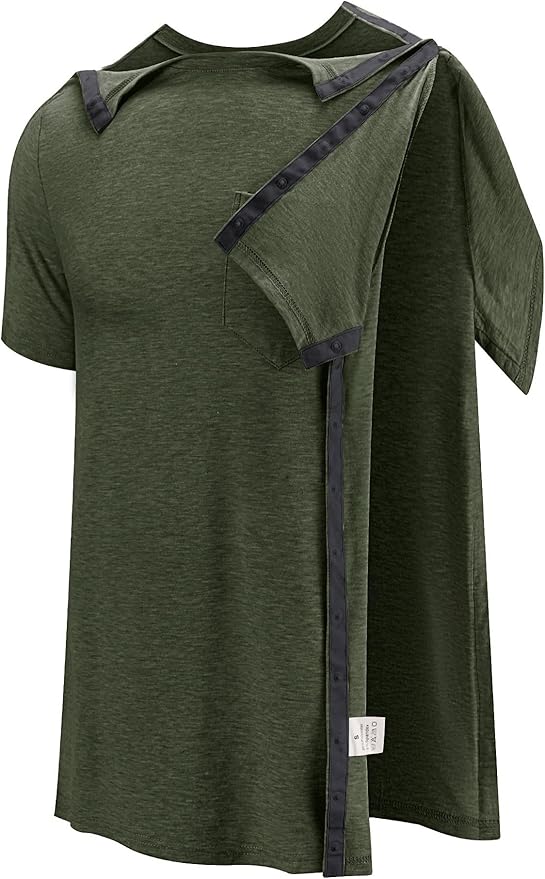 Poriff Men's Post Shoulder Surgery Recovery Shirts Full Tear Away Short Sleeve Snap Chemo Port Access Shirt