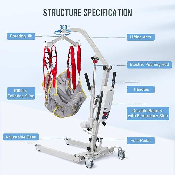 Careboda Electric Patient Lift, Medical Transfer Lifts for Seniors with Sling, Sit to Stand Lift for Elderly, Full Body Transfer Lift Chairs for Bed, Car, Wheelchair and Floor, 510LBS Weight Capacity