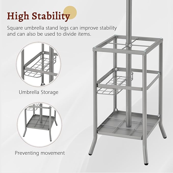 FAVOOSTY Coat Rack Freestanding,Coat Rack Stand with Umbrella Holder,Metal Coat Tree with 12 Hooks,Tree Clothes Hat for Entryway, Hallway, Bedroom, Living Room & Office - Silver Grey