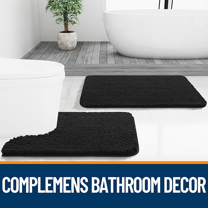OLANLY Bathroom Rugs 50x30, Extra Soft Absorbent Chenille Bath Rugs, Rubber Backing Quick Dry, Machine Washable Bath Mats for Bathroom Floor, Tub and Shower, Home Decor Accessories, Black