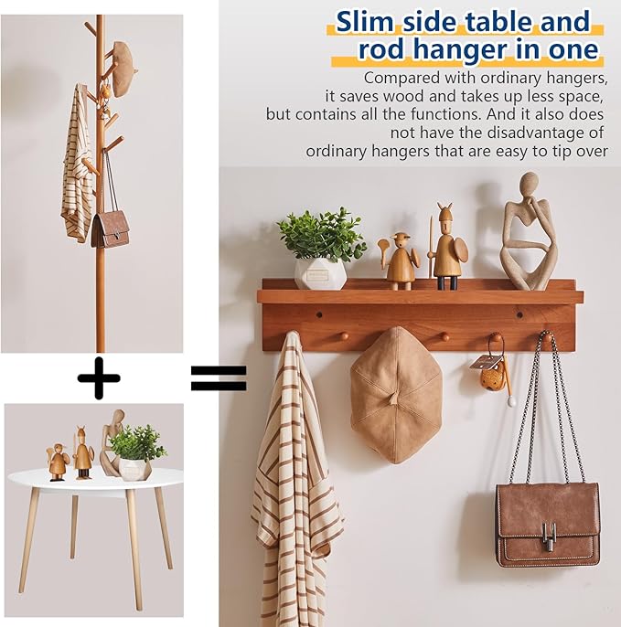 Wall Mounted Hook with Shelf, 23.62in Entryway Wall Hanging Shelf, Solid Wood Coat Hooks, for Bathroom, Kitchen, Cherry Wood Color YD-WS0260C