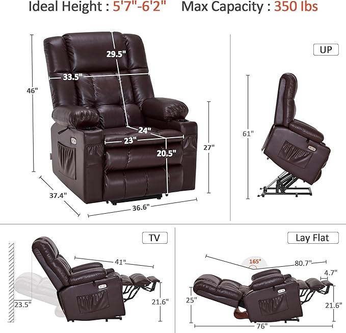 MCombo Dual Motor Large Power Lift Recliner Chair for Elderly, Lay Flat Lift Chair with Heat and Massage, Big Lift Recliner for Tall People, Faux Leather 7896 (Dark Brown, Large)