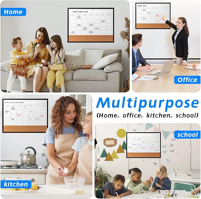 Dry Erase Calendar Whiteboard, 24" x 18" Magnetic Whiteboard Cork Board Combo, Reusable Monthly Planner with 8 Markers, Eraser, Magnets and Pushpins, Hanging Dry Erase Board for Home, School - Black