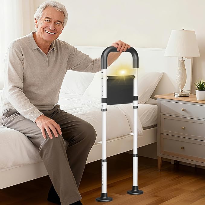 Bed Rails for Elderly Adults Safety, ASTM Safety Approved Adjustable Bed Assist Rail for Seniors, 400lb Weight Capacity, with LED Light & Storage Pocket & Fixing Strap,Fit King/Queen/Full/Twin Bed