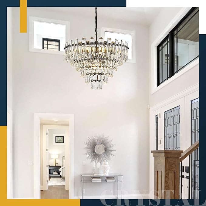 6-Tiers Modern Crystal Chandelier Black 12-Light 23.6'' Contemporary Round Pendant Chandeliers Light Luxury Ceiling Hanging Lighting for Living Dining Room Bedroom Kitchen Island Foyer