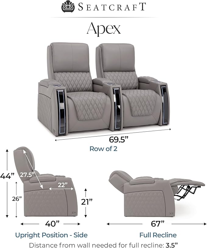 Seatcraft Apex Zero-Gravity CoolZero Italian Leather Home Theater Seating, Powered Headrest, Powered Lumbar, Powered Recline, Row of 2, Gray