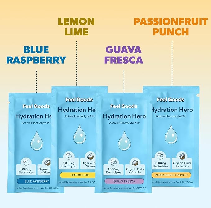 Feel Goods Hydration Hero, Variety Pack, 1,000mg Electrolytes Powder, Sugar Free, Magnesium, Organic Aloe Vera, L Theanine, Vitamin C, Vegan, Non GMO, On The Go Electrolyte Packets, 12 Count