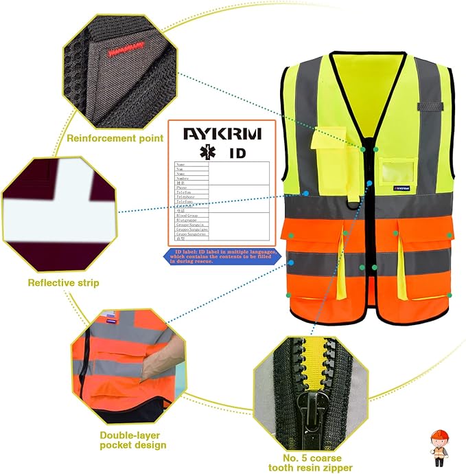 Small High Visibility Safety Vest with 7 Pockets, Multi Frontal Pockets Lighetweight Safety Vest with Reflective Strips and Zipper, Yellow&Orange Color Mixed