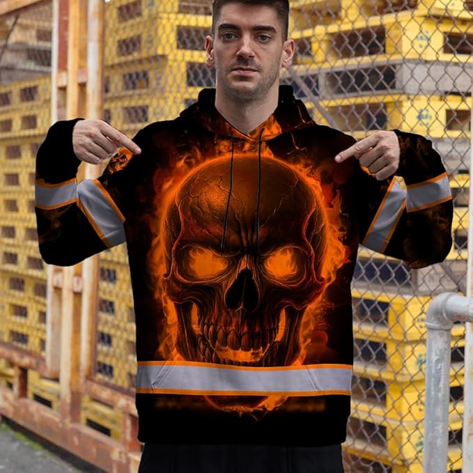 Matedecor Skull US Flag Reflective High Visibility Hoodie For Men Construction Hi Vis Safety Workwear Custom Name