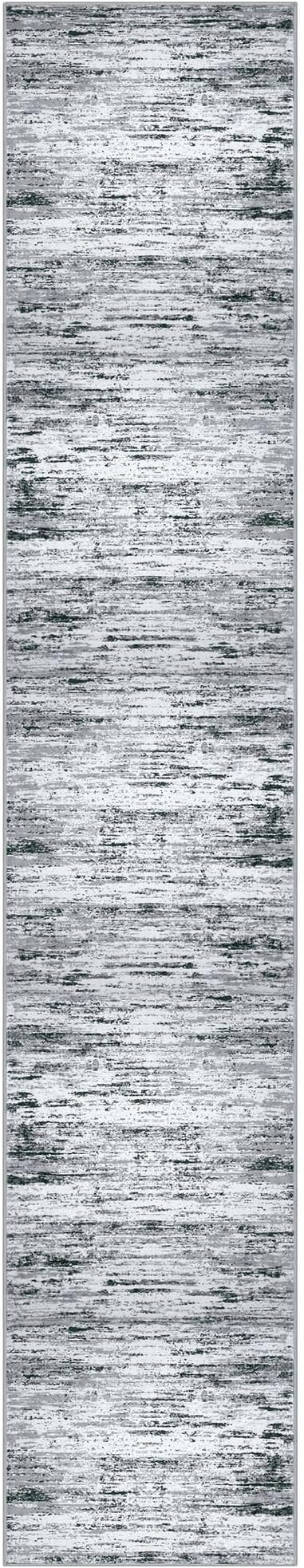 Modern Abstract Runner Rug 2.6x16, Black Grey White Washable Long Kitchen Runner Non-Slip Soft Hallway Rug Runner Thin Print Faux Wool Carpet for Entryway Bedroom Laundry Room Indoor Home Decor