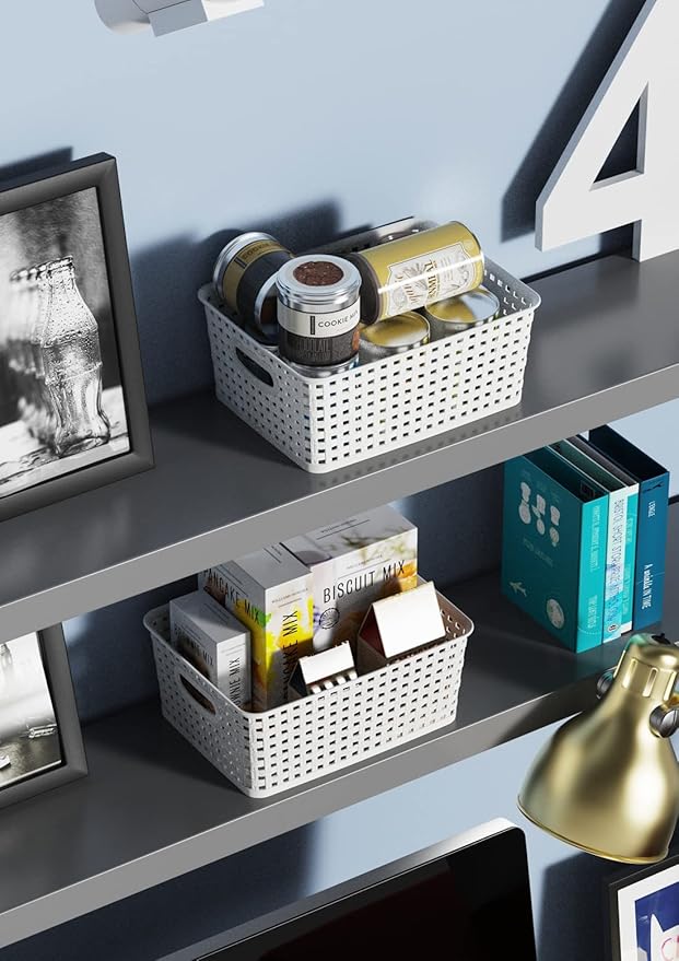 WYT Woven Plastic Storage Baskets, 6 Pack White Weave Bins Organizer, 10.1" x 7.55" x 4.1"