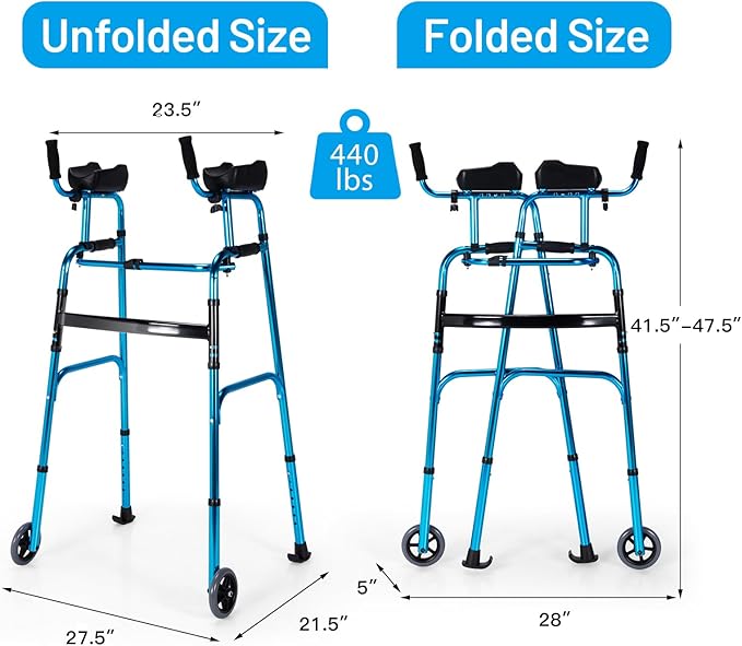 Goplus Walkers for Seniors, Foldable Standard Walker with 5’’ Wheels and Removable Padded Armrests 440lbs, Lightweight Walking Mobility Aid, Folding Platform Walker for Elderly, Handicap, Disabled