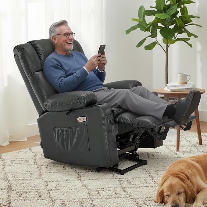 MCombo Dual Motor Power Lift Recliner Chair for Elderly, Lay Flat Lift Chair with Heat and Massage, Cup Holders, USB Ports, Faux Leather 7890 (Grey, Medium)