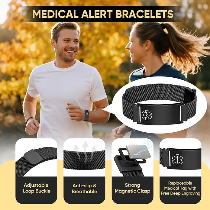 VNOX Medical Alert Id Bracelet for Men Women, Custom Engraving Adjustable Stainless Steel Customizable Mesh Emergency Survival Medic Bracelets Wristband Loop Band with Replacement Tag