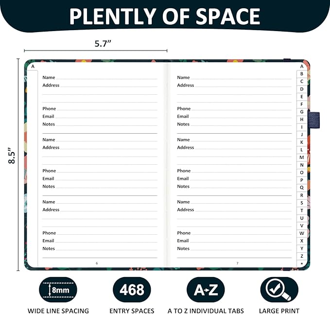 Address Book with Individual Alphabetical Tabs Laminated, Large Print Address Book with 468 Wide Lining Entry Spaces, Change of Address Labels, Hardcover Address Book 5.7 x 8.5" - Floral