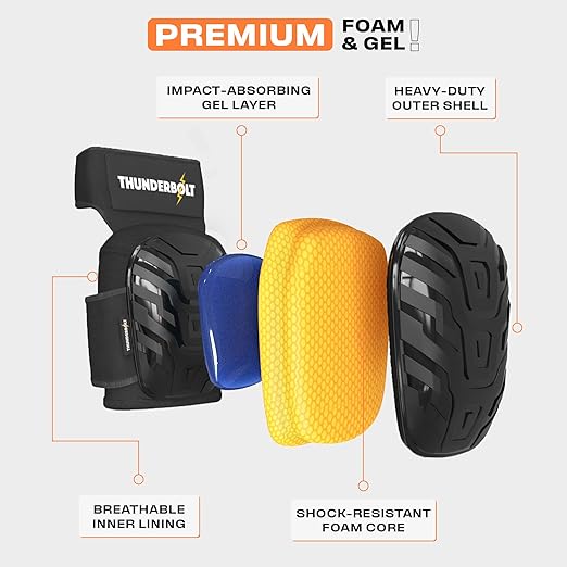Thunderbolt Knee Pads for Men Construction Knee Pads for Work for Men and Women with Double Gel for Gardening Flooring Roofing Heavy Duty with Extra Thick Foam and Strong Adjustable Non-Slip Straps-Black