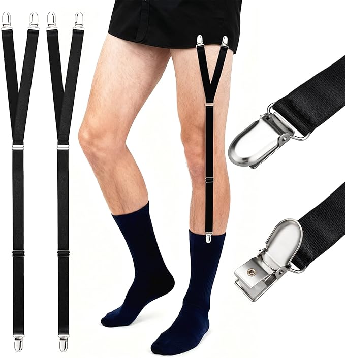 Shirt Stays for Men, Premium Y-Style Adjustable Soft Smooth Elastic Sock Garters with Reinforced Non-Slip Clips, Keep Shirts Tucked, Ideal for Police, Military, and Professionals (1 Pair)
