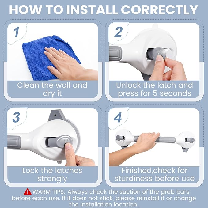 Grab Bars for Bathtubs and Showers, 16.5 Inch Handicap Shower Handle Safety with Indicators, Suction Cup Grab Bar for Shower Chair Stool, Seniors, Elderly (2 Pack)