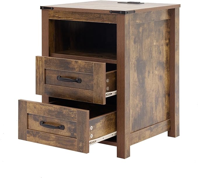 Brown Night Stand, Rustic End Table with Charging Station, Farmhouse Tall Nightstand for Bedroom, Drawer Dresser Bedside Table with Open Storage Shelf