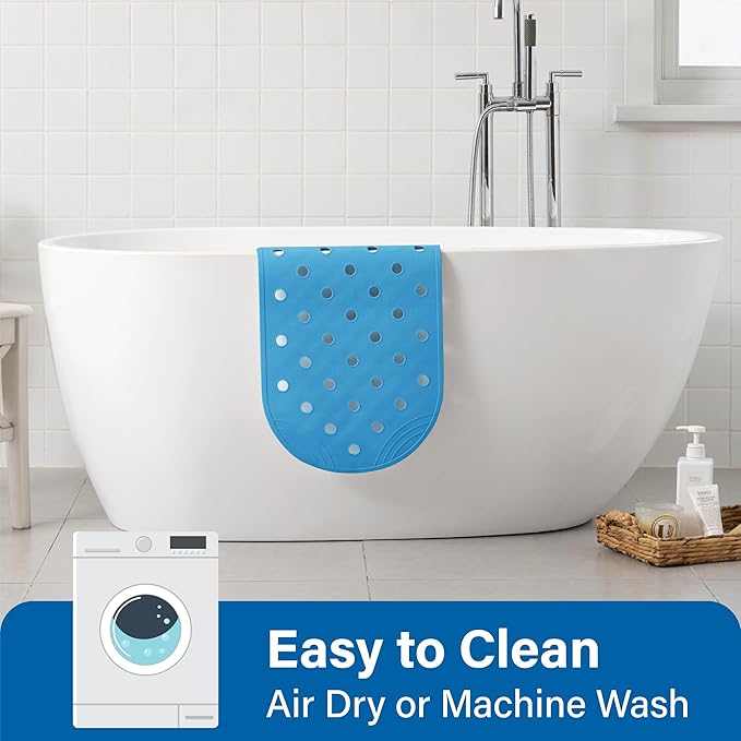 Rubber Bathtub Mat Shower Mat Non-Slip, 31x14 Inch, Bath Tub Floor Mat with Suction Cups and Drainage Holes, Blue