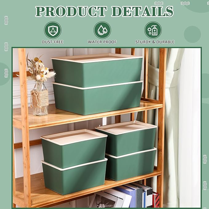 Menkxi 6 Pcs Large and Small Plastic Storage Bins with Lids 14.4 x 10.4 x 5.1 Inch Stackable Storage Containers Decorative Cubby Organizer for Clothes Shelves Garage Closet Office(Green)