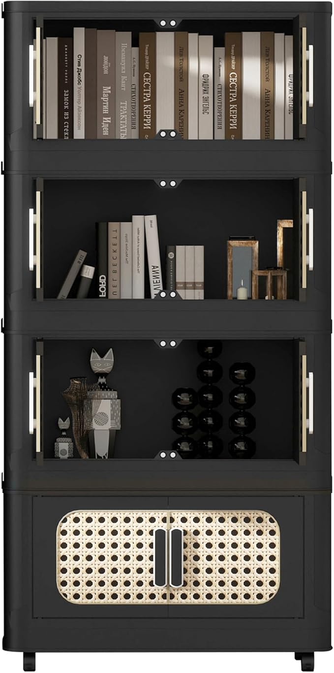4 Tiers Folding Storage Cabinet,20" Side Wide Stackable Storage Bins with Doors and Wheels, Space Saving Plastic Cabinet for Living Room, Office, Dorm, Retro Black