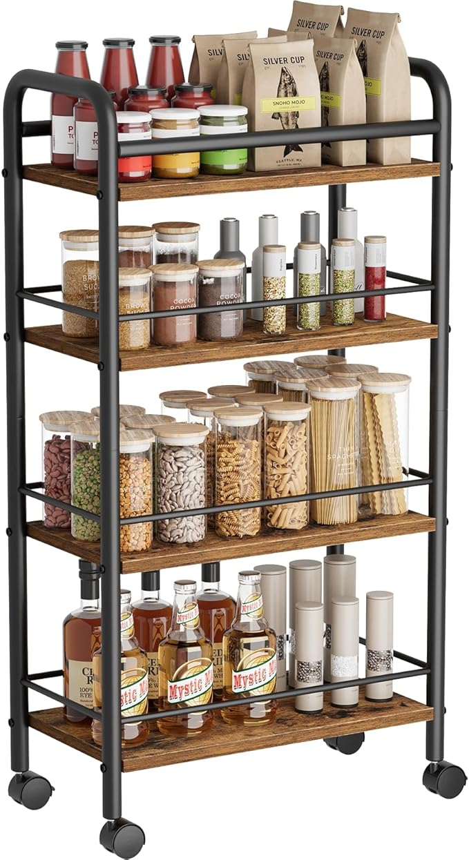 Slim Rolling Cart, 4-Tier Narrow Storage Cart with Handle, 9.1 Inches Deep, Bathroom Shelf for Small Spaces, Kitchen, Dining Room, Living Room, Laundry Room, Rustic Brown