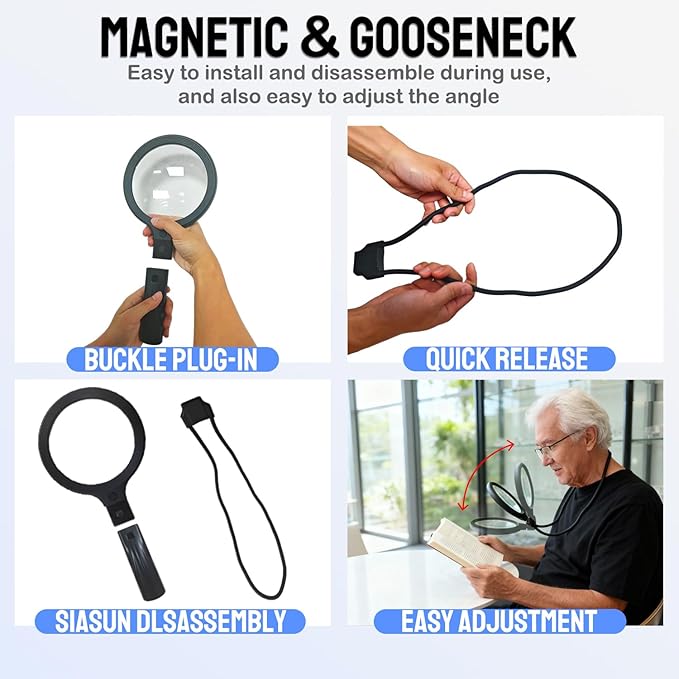 Hands-Free Magnifying Glass & Goose Neck Magnifier with Light | Neck-Worn Rechargeable for Reading, Crafts, Cross Stitch | 5X&10X Large View for Low Vision Seniors & Close Work