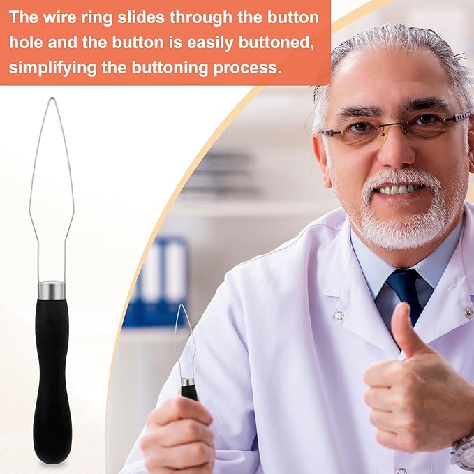 Easy Button Hook, Steel Button Helper Tool for Elderly, Wide Wood Handle Buttons Fastener Device Assist Dressing Aid Tool for Seniors One Hand - 1 Pack, Black