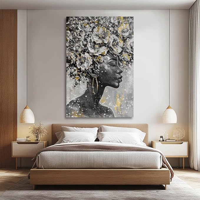 MLART99 Large Gold Flowers Painting for Office African American Black Woman Portraits for Bedroom 32"x 48" Posters for Room Aesthetic Grey Wall Hanging Decor for Living Room